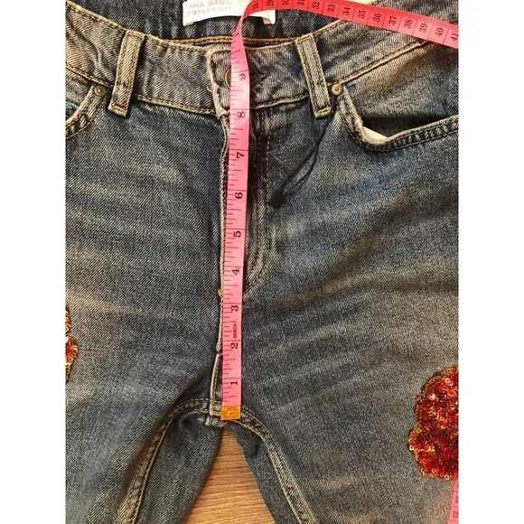 Zara Basic Floral Sequin Embroidered Jeans US 4 - Picture 10 of 12